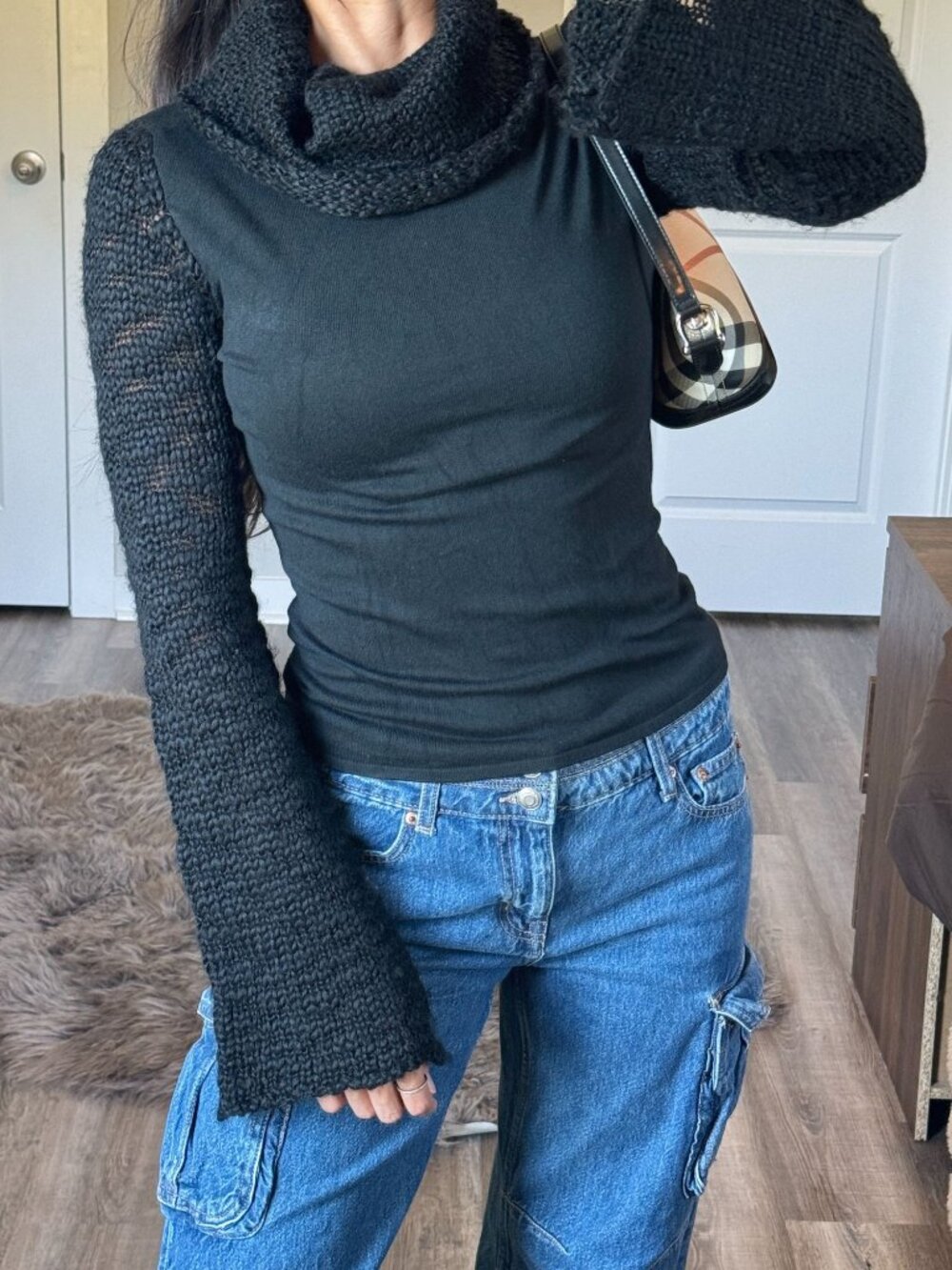 Moda Black Fitted Cowl Neck Sweater Size S Flare Knit Bell Sleeves Whimsy Grunge